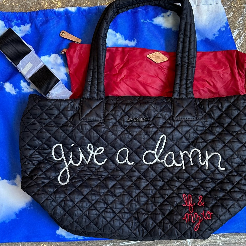 MZ Wallace Black Quilted 'give a damn' Tote with Red Accent